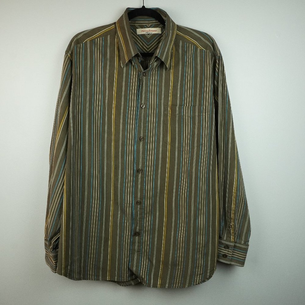 Tommy Bahama Brown Embroidered Striped Button Up Long‎ Sleeve Shirt Size Large